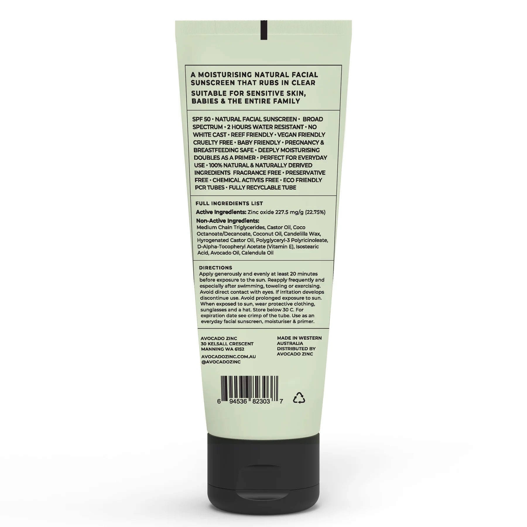 Avocado Zinc SPF 50 Natural Physical Sunscren 100ml - Melbourne Natural