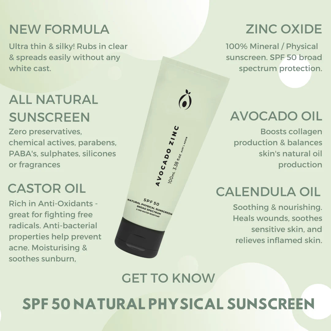 Avocado Zinc SPF 50 Natural Physical Sunscren 100ml - Melbourne Natural