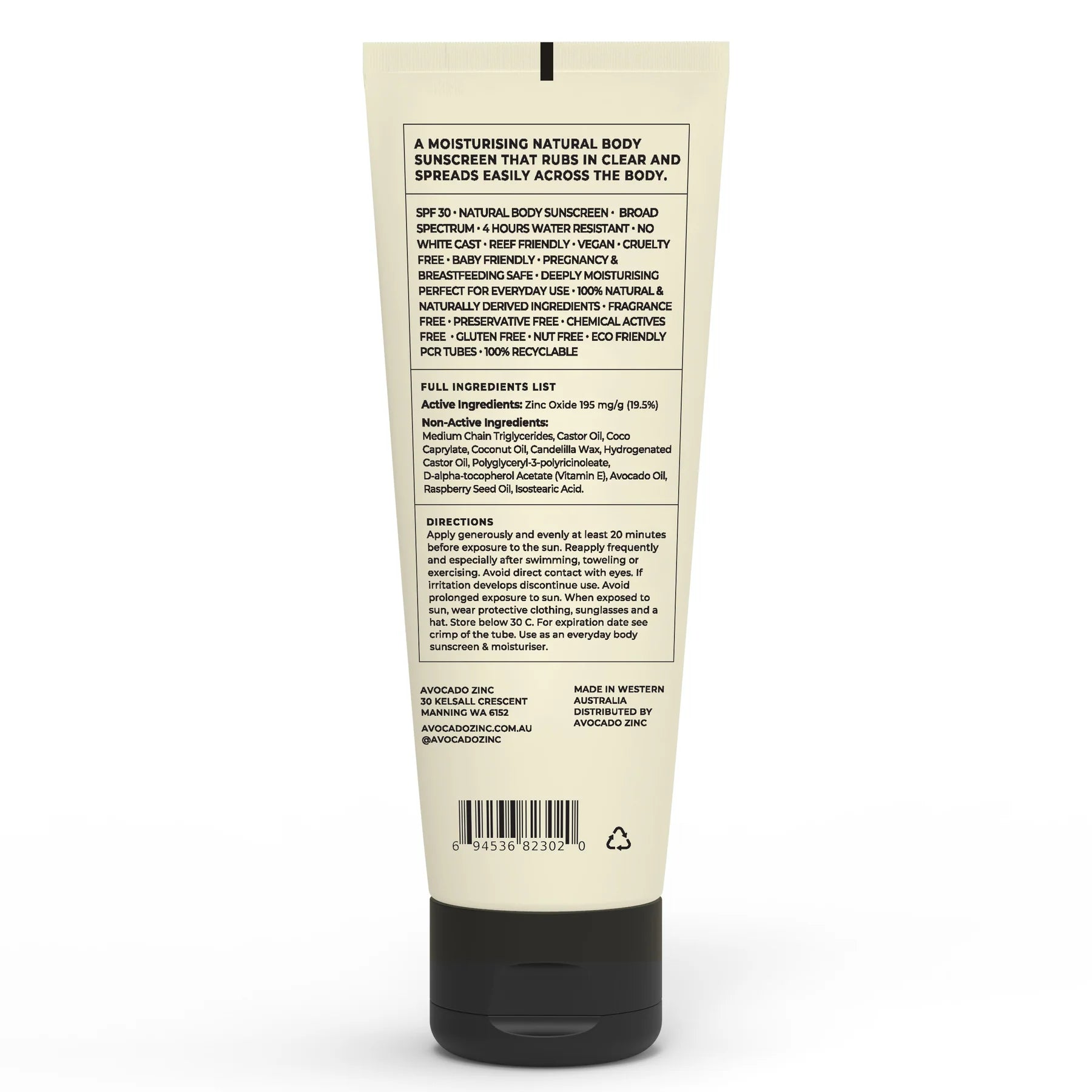 Avocado Zinc SPF 30 Natural Body Sunscreen 200ml